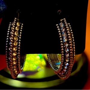 Gunmetal gray and clear crystal hoop earrings